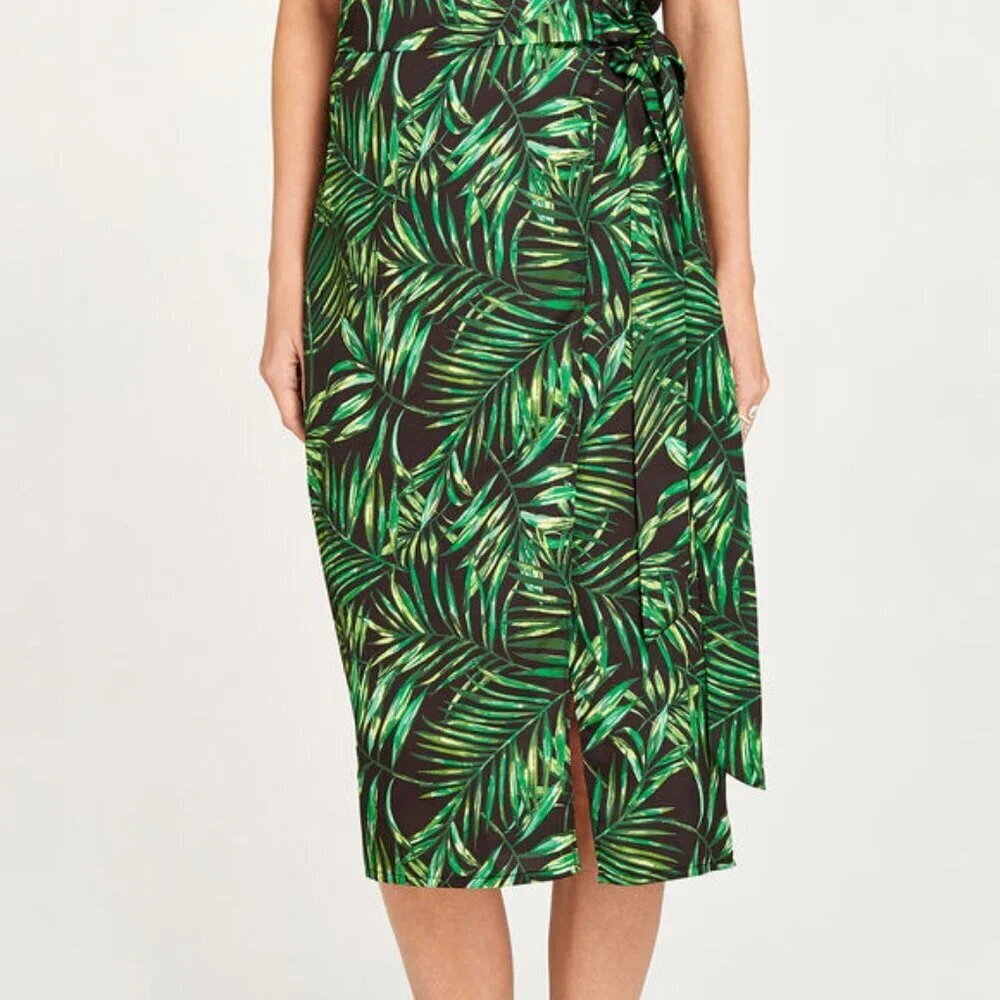 Apricot Green Palm Leaf Midi Skirt‎ Tropical Wrap Style Resortwear Summer Travel